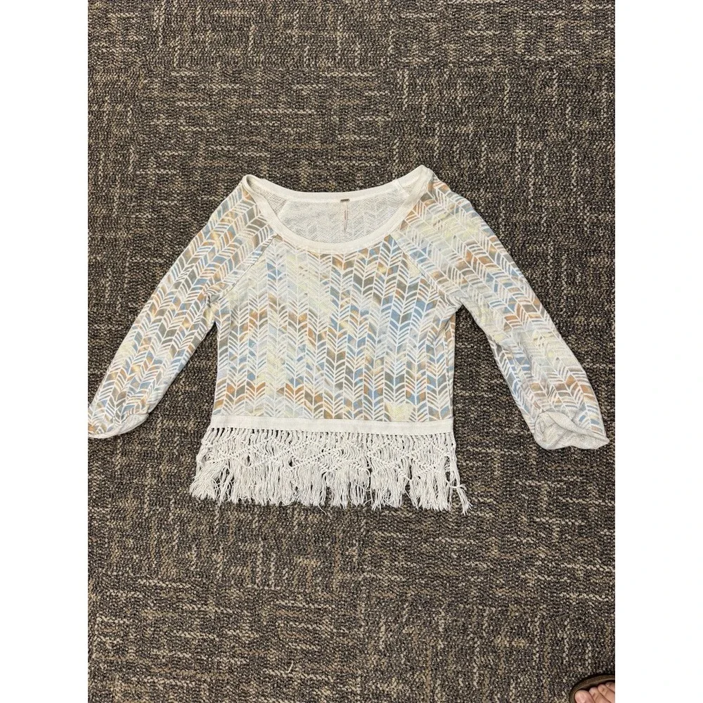 Free People Chevron Printed French Terry Top Macrame Fringe Hem Off-White Small